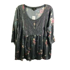 Suzanne Betro top Womens Size 1X Floral babydoll gray pink new